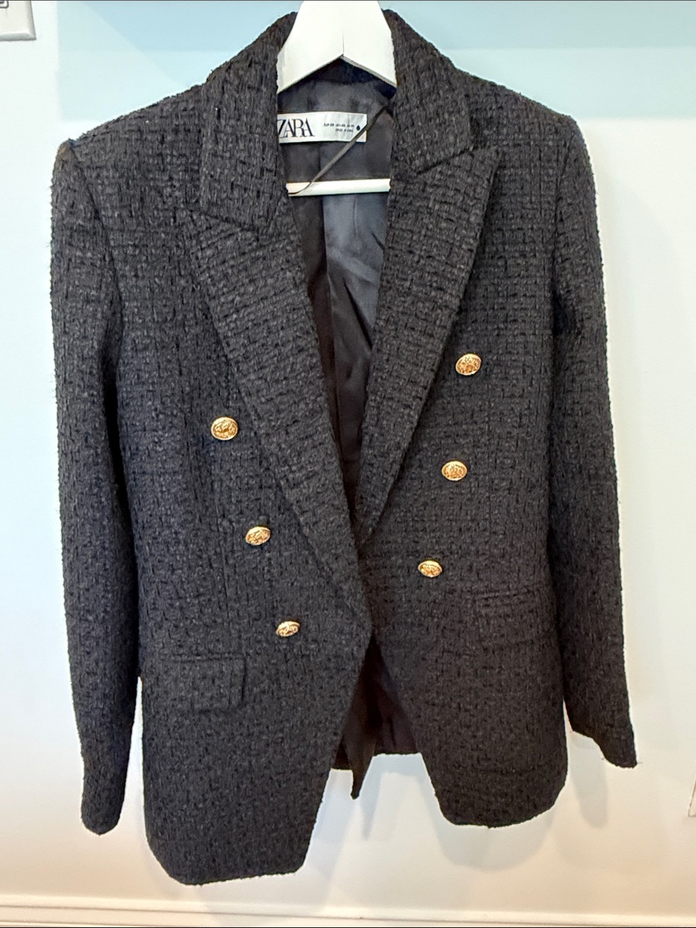 Zara Black Textured Double-Breasted Blazer with Gold Buttons